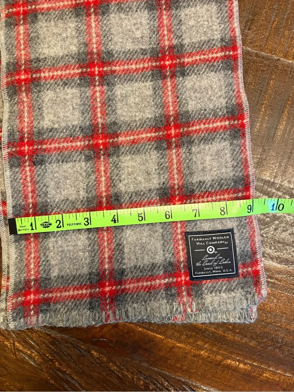 Faribault Woolen Mill Company Wool gray and red plaid scarf